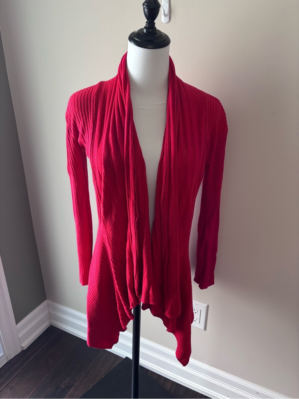 Open-Front Red Ribbed Draped Cardigan Sweater